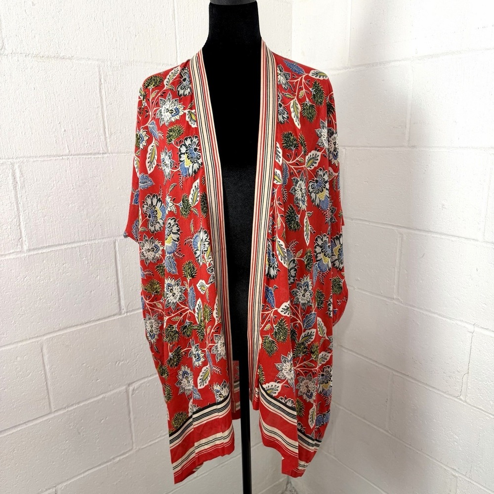 Loft Kimono Red‎ Floral Stripe Trim Beachy Travel Bohemian Romantic Flowy SZ M/L